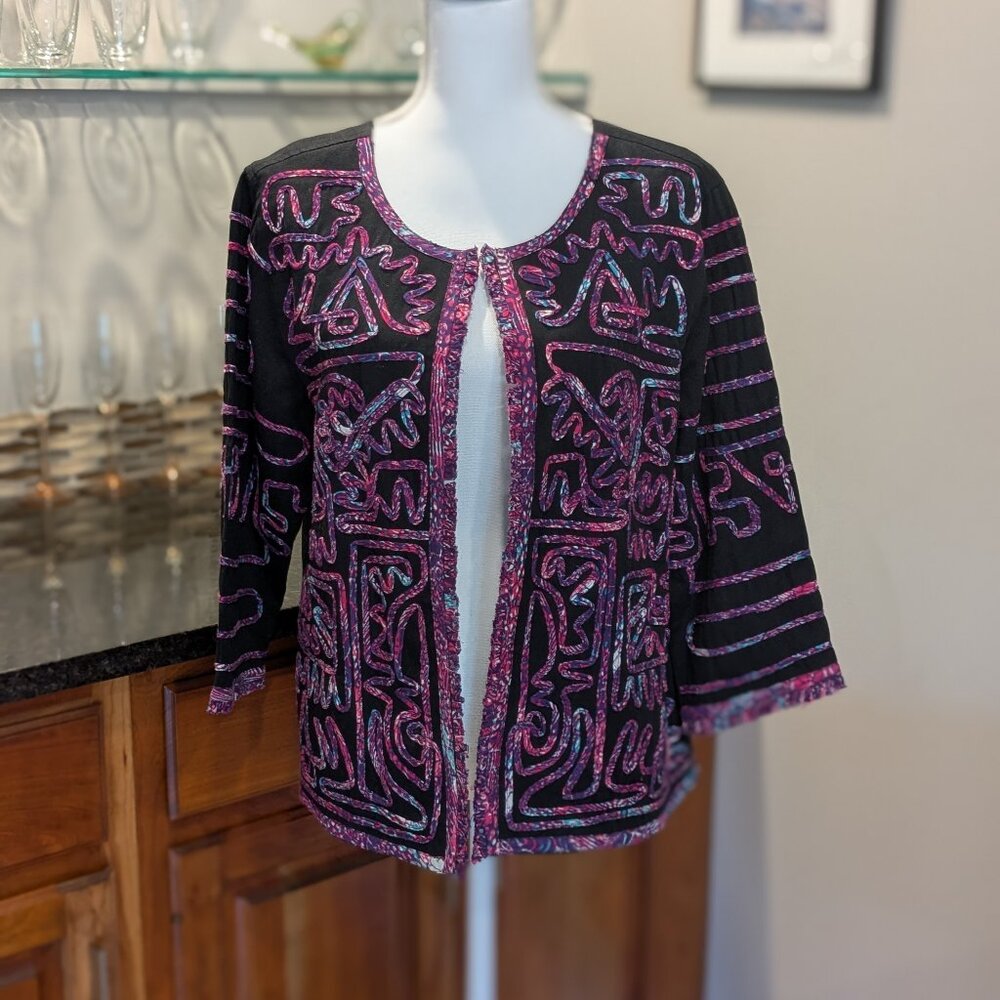 Vintage Choices Jacket Black with Colorful Applique Ribbon Pattern Art-to-Wear